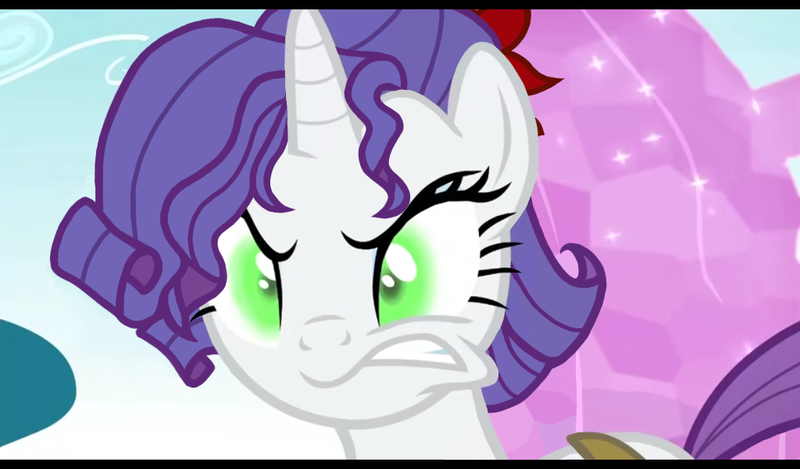 Size: 1024x600 | Tagged: safe, alternate version, artist:emeriss96, derpibooru import, edit, edited screencap, screencap, rarity, pony, unicorn, inspiration manifestation, crystal, evil, flower, glowing eyes, green eyes, hairstyle, inspirarity, possessed, rose