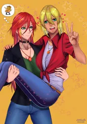 Size: 3044x4300 | Tagged: safe, artist:rittaruzira, derpibooru import, applejack, sunset shimmer, human, equestria girls, alternate hairstyle, appleshimmer, bridal carry, carrying, choker, clothes, female, holding, humanized, lesbian, peace sign, shipping, thinking