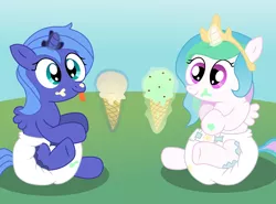 Size: 2000x1481 | Tagged: safe, artist:sweetielover, derpibooru import, princess celestia, princess luna, alicorn, pony, baby, baby pony, cewestia, cute, cutelestia, diaper, female, filly, food, ice cream, lunabetes, poofy diaper, woona, younger
