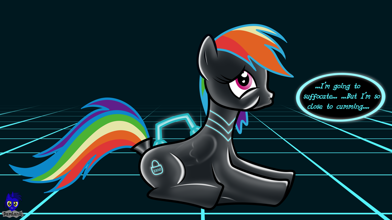 Size: 3840x2160 | Tagged: questionable, artist:damlanil, derpibooru import, rainbow dash, pegasus, pony, asphyxiation, binary, bodysuit, bondage, breathplay, cradle suit, encasement, female, gag, handles, heart eyes, imminent death, latex, latex suit, mare, muffled moaning, restrained, rubber, solo, text, thought bubble, tight clothing, tight fit, trapped, tron, wingding eyes