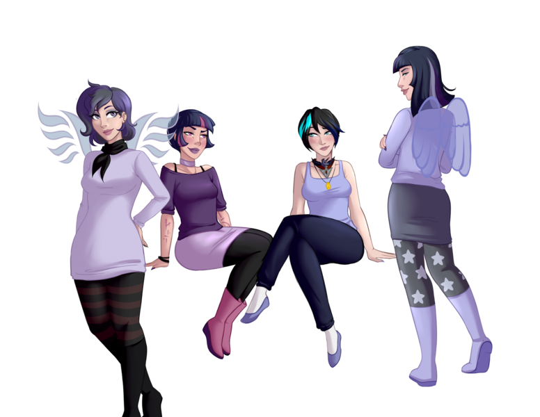 Size: 3300x2550 | Tagged: safe, alternate version, artist:emberfan11, derpibooru import, mean twilight sparkle, twilight sparkle, oc, oc:moonlight nova, oc:moonshine twinkle, oc:nightfall blitz, human, icey-verse, the mean 6, alicorn amulet, alternate hairstyle, bedroom eyes, black socks, blushing, boots, bra, bracelet, bra strap, breasts, canon x oc, choker, clothes, commission, ear piercing, earring, eyeshadow, family, female, flats, humanized, jeans, jewelry, lesbian, lightbulb, lipstick, looking at each other, magical lesbian spawn, makeup, meanshine, miniskirt, mother and child, mother and daughter, multicolored hair, nail polish, necklace, offspring, pants, pantyhose, parent:mean twilight sparkle, parent:oc:moonshine twinkle, parents:canon x oc, parents:meanshine, piercing, scarf, shipping, shirt, shoes, siblings, simple background, sisters, skirt, smiling, smirk, smug, socks, stockings, striped socks, sweater, tanktop, tattoo, thigh highs, transparent background, underwear, wall of tags, wings, wristband