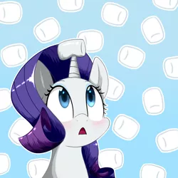 Size: 3800x3800 | Tagged: safe, artist:yinglongfujun, derpibooru import, rarity, pony, unicorn, blushing, bust, cute, food, high res, horn, horn impalement, marshmallow, portrait, raribetes, rarity is a marshmallow, solo