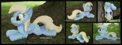 Size: 4710x1754 | Tagged: safe, artist:peruserofpieces, derpibooru import, derpy hooves, pegasus, pony, beanie (plushie), cute, derpabetes, female, folded wings, happy, irl, mare, photo, plushie, prone, silly, smiling, solo, tree, upside down, wings