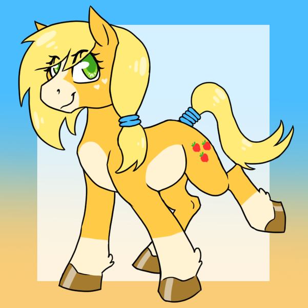 Size: 769x768 | Tagged: safe, artist:awesomewaffle11, derpibooru import, applejack, earth pony, pony, leak, spoiler:g5, applejack (g5), coat markings, female, g5, hooves, mare, raised hoof, redesign, simple background, smiling, solo