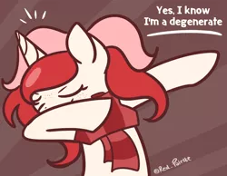 Size: 1014x788 | Tagged: safe, artist:redpalette, derpibooru import, oc, oc:red palette, unofficial characters only, pony, unicorn, clothes, dab, female, freckles, mare, meme, red, scarf