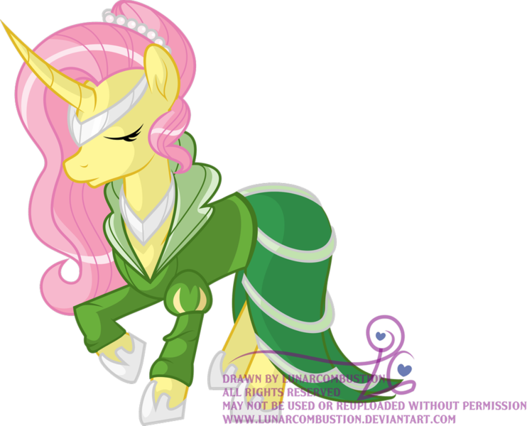 Size: 1024x828 | Tagged: safe, artist:lunarcombustion, derpibooru import, fluttershy, pony, unicorn, leak, spoiler:g5, clothes, curved horn, dress, eyes closed, female, fluttershy (g5), g5, hoof shoes, horn, jewelry, mare, necklace, raised hoof, redesign, simple background, solo, tiara, transparent background, unicorn fluttershy