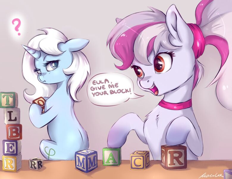 Size: 1280x985 | Tagged: safe, artist:buttersprinkle, derpibooru import, oc, oc:eula phi, oc:windbreaker, unofficial characters only, pegasus, pony, unicorn, blocks, commission, duo, female, floppy ears, looking back, simple background, text