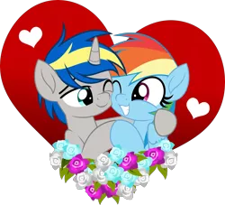 Size: 5000x4545 | Tagged: safe, artist:jhayarr23, derpibooru import, part of a set, rainbow dash, oc, oc:dopami korpela, pegasus, pony, unicorn, canon x oc, commission, dopadash, female, flower, heart, holiday, hug, male, mare, movie accurate, shipping, simple background, stallion, straight, transparent background, valentine's day, vector, ych result