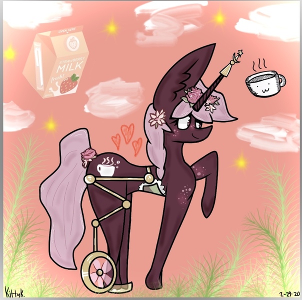 Size: 828x823 | Tagged: safe, artist:kittycatrittycat, derpibooru import, oc, oc:rose tea (spetu), unicorn, blanket, cute, fancy, flower, food, freckles, heart, magical, raised hoof, rose, strawberry milk, tea, wheelchair