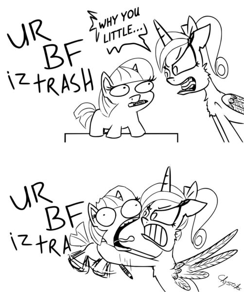 Size: 1280x1531 | Tagged: safe, artist:chopsticks, derpibooru import, princess cadance, twilight sparkle, alicorn, pony, unicorn, abuse, angry, black and white, choking, comic, dialogue, female, filly, grayscale, mare, marker, monochrome, open mouth, ponytail, princess bitchdance, reference, simple background, strangling, teen princess cadance, text, the simpsons, twiggie, twilybuse, white background, why you little, yelling