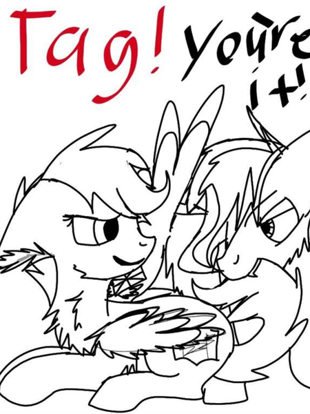Size: 1092x1457 | Tagged: safe, artist:christle-flyer-ssl, derpibooru import, scootaloo, oc, oc:christle flyer, pegasus, pony, >:), >:d, biting, canon x oc, cheek fluff, chest fluff, christaloo, colt, crystal eyes, cute, cutealoo, cutie mark, dialogue, ear fluff, eye contact, eyebrows, eyebrows visible through hair, fangs, female, filly, floppy ears, foal, folded wings, hoof fluff, laying on stomach, lidded eyes, looking at each other, lying down, male, monochrome, open mouth, raised eyebrow, scootalove, shipping, simple background, straight, tail bite, text, the cmc's cutie marks, wall of tags, white background, wing fluff, wings
