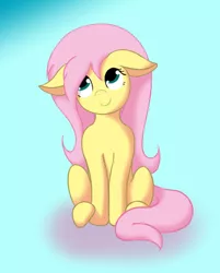 Size: 410x510 | Tagged: safe, artist:ponutabyss, derpibooru import, fluttershy, pegasus, pony, blue background, cute, female, floppy ears, mare, shyabetes, simple background, sitting, smiling, solo