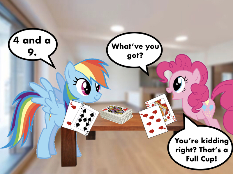 Size: 1024x768 | Tagged: artist needed, card, card game, cups (card game), deck of cards, derpibooru import, edit, f.r.i.e.n.d.s, house, mixed media, pinkie pie, rainbow dash, safe, speech bubble, table, vector, vector edit