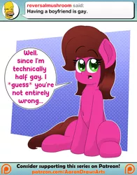 Size: 2000x2550 | Tagged: safe, artist:aarondrawsarts, derpibooru import, oc, oc:rose bloom, earth pony, ask brain teaser, bisexual, chest fluff, reversalmushroom, sitting, tumblr