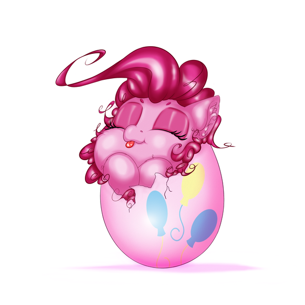 Size: 2500x2500 | Tagged: safe, artist:rurihal, derpibooru import, pinkie pie, earth pony, pony, cute, diapinkes, easter, easter egg, egg, eyes closed, female, hatching, holiday, mare, simple background, solo, tongue out, white background