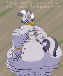 Size: 2750x3320 | Tagged: suggestive, artist:lupin quill, derpibooru import, zecora, anthro, unguligrade anthro, zebra, abstract background, ass, bbw, bedroom eyes, belly, big belly, bingo wings, butt, butt touch, chubby cheeks, dialogue, fat, fat fetish, female, fetish, hand on butt, huge butt, image, jewelry, large butt, looking at you, morbidly obese, nudity, obese, open mouth, png, rolls of fat, solo, solo female, ssbbw, talking to viewer, the ass was fat, thighs, thunder thighs, weight gain, weight gain sequence, wide hips, zecobese, zecorass