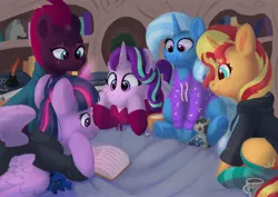 Size: 4096x2896 | Tagged: safe, artist:pucksterv, derpibooru import, princess luna, smarty pants, starlight glimmer, sunset shimmer, tempest shadow, trixie, twilight sparkle, twilight sparkle (alicorn), alicorn, pony, unicorn, blushing, book, broken horn, clothes, counterparts, cup, cute, eye scar, female, food, golden oaks library, high res, hoodie, horn, ink, inkwell, magical quintet, mare, pajamas, plushie, prone, quill, reading, scar, sitting, sleepover, smiling, socks, striped socks, tea, teabag, teacup, twilight's counterparts, underhoof