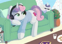 Size: 4096x2897 | Tagged: safe, artist:pucksterv, derpibooru import, opalescence, sweetie belle, pony, unicorn, book, clothes, cookie, couch, cute, diasweetes, duo, eyes closed, female, filly, food, headphones, high res, hoodie, milk, phone, pillow, potted plant, prone, sleeping