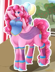 Size: 4728x6208 | Tagged: anthro, anthro centaur, armpits, artist:mailner, balloon, centaur, centaurified, clothes, colored hooves, cute, derpibooru import, female, hooves, huge mane, lipstick, looking at you, pinkie pie, redesign, safe, smiling, solo, species swap, taur