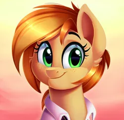 Size: 1712x1656 | Tagged: safe, artist:thegamblehorse, deleted from derpibooru, derpibooru import, oc, oc:parlay, unofficial characters only, earth pony, pony, bust, clothes, cute, female, freckles, gradient background, green eyes, grin, lineless, mare, smiling, solo