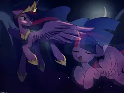 Size: 2048x1536 | Tagged: safe, artist:twily27889053, derpibooru import, princess twilight 2.0, twilight sparkle, twilight sparkle (alicorn), alicorn, pony, the last problem, crescent moon, crown, duality, eyes closed, female, floppy ears, flying, hoof shoes, jewelry, mare, moon, night, older, older twilight, open mouth, regalia, self ponidox, sky, spread wings, stars, time paradox, wings