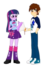 Size: 1404x1887 | Tagged: safe, artist:andrestoons, derpibooru import, twilight sparkle, twilight sparkle (alicorn), oc, oc:andres vargas, alicorn, human, equestria girls, andlight, blushing, bouquet, canon x oc, clothes, female, flower, male, shipping, straight