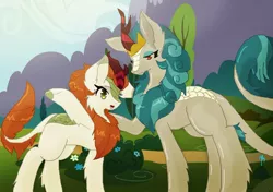 Size: 1280x903 | Tagged: safe, artist:bunfoxx20studios, artist:gs-bunfoxx18, derpibooru import, autumn blaze, rain shine, kirin, sounds of silence, cheek fluff, chest fluff, crown, cute, duo, duo female, ear fluff, female, hoof on shoulder, image, jewelry, jpeg, leg fluff, open mouth, raised leg, regalia