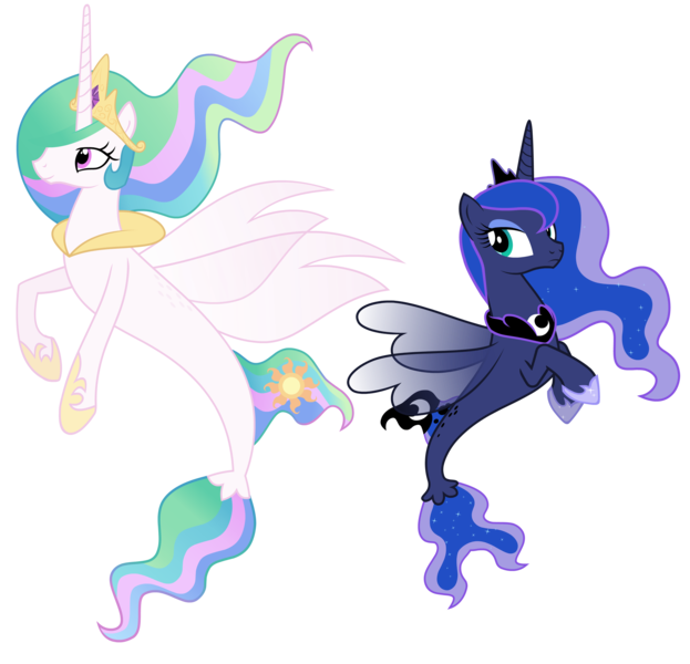 Size: 3113x3000 | Tagged: alicorn, artist:askometa, crown, derpibooru import, duo, duo female, female, high res, hoof shoes, jewelry, looking sideways, princess celestia, princess luna, regalia, royal sisters, safe, seaponified, seapony celestia, seapony (g4), seapony luna, show accurate, siblings, simple background, sisters, species swap, transparent background, vector