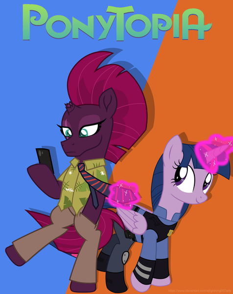 Size: 3569x4500 | Tagged: safe, artist:ejlightning007arts, derpibooru import, tempest shadow, twilight sparkle, twilight sparkle (alicorn), alicorn, unicorn, bipedal, broken horn, clothes, crossover, female, hawaiian shirt, horn, judy hopps, lesbian, magic, nick wilde, phone, police uniform, shipping, shirt, telekinesis, tempestlight, zootopia