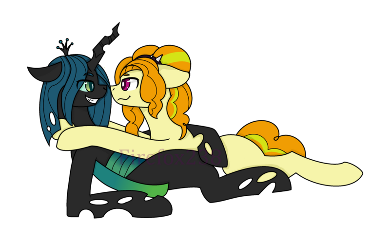 Size: 1134x704 | Tagged: safe, artist:bloody-liu, artist:firefox238, derpibooru import, adagio dazzle, queen chrysalis, ponified, changeling, earth pony, pony, base used, blank flank, chrysgio, crack shipping, equestria girls ponified, female, grin, hug, lesbian, looking at each other, mare, shipping, side, simple background, smiling, transparent background