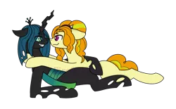 Size: 1134x704 | Tagged: safe, artist:bloody-liu, artist:firefox238, derpibooru import, adagio dazzle, queen chrysalis, ponified, changeling, earth pony, pony, base used, blank flank, chrysgio, crack shipping, equestria girls ponified, female, grin, hug, lesbian, looking at each other, mare, shipping, side, simple background, smiling, transparent background