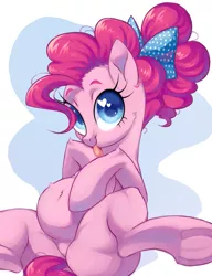 Size: 843x1098 | Tagged: safe, artist:toroitimu, derpibooru import, pinkie pie, earth pony, pony, the last problem, alternate hairstyle, belly button, belly fluff, bow, cheek fluff, cute, diapinkes, digital art, female, frog (hoof), hair bow, heart eyes, leg fluff, mare, older, older pinkie pie, preggy pie, pregnant, smiling, solo, tongue out, underhoof, wingding eyes