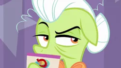 Size: 1920x1080 | Tagged: safe, derpibooru import, screencap, granny smith, earth pony, pony, a trivial pursuit, asking, card, elderly, female, floppy ears, granny smith's scarf, hair bun, hoof hold, host, mare, narrowed eyes, obscured face, question, raised eyebrow, raised hoof, solo, trivia trot, wrinkles