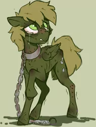 Size: 628x827 | Tagged: semi-grimdark, artist:crimmharmony, derpibooru import, oc, oc:murky, unofficial characters only, pegasus, pony, fallout equestria, fallout equestria: murky number seven, abuse, chained, chains, crying, fanfic art, murky abuse, scratches, shaking, simple background, slave, solo