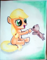 Size: 1062x1354 | Tagged: applejack, artist:jonathan-c-eastwood, cute, derpibooru import, duo, female, filly, filly applejack, jumping, puppy, safe, sitting, traditional art, winona, winonabetes, younger