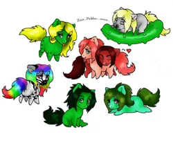 Size: 700x571 | Tagged: safe, artist:sugarcup, derpibooru import, oc, oc:sugar, unofficial characters only, earth pony, pony, :p, chibi, earth pony oc, eyes closed, food, heart, male, multicolored hair, nuzzling, pickle, prone, rainbow hair, simple background, sitting, smiling, stallion, tongue out, white background