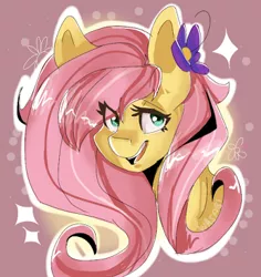 Size: 346x367 | Tagged: abstract background, artist:pinki3xpie, bust, cute, derpibooru import, eye clipping through hair, flower, flower in hair, fluttershy, portrait, safe, shyabetes, smiling, solo