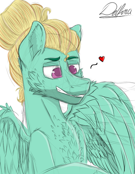 Size: 785x1015 | Tagged: safe, artist:delfinaluther, derpibooru import, zephyr breeze, pegasus, pony, bust, cheek fluff, chest fluff, colored pupils, colored sketch, ear fluff, floating heart, grin, heart, lidded eyes, male, portrait, signature, simple background, smiling, solo, stallion, three quarter view, white background