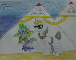 Size: 3611x2836 | Tagged: safe, artist:bsw421, derpibooru import, raven, spike, dragon, unicorn, egyptian, female, interspecies, makeup, male, mare, older, older spike, pyramid, ravenspike, shipping, straight, traditional art, winged spike