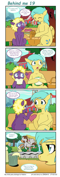 Size: 2691x7900 | Tagged: safe, artist:jeremy3, derpibooru import, derpy hooves, sunshower raindrops, oc, oc:trissie, oc:valentine, earth pony, pegasus, pony, comic:behind me, alternate universe, basket, comic, food, fountain, hiding, park bench, picnic basket, ponyville, ponyville schoolhouse, sandwich, statue, trash can, tree