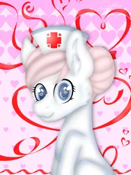 Size: 768x1024 | Tagged: safe, artist:delfinaluther, derpibooru import, nurse redheart, earth pony, pony, bust, cheek fluff, ear fluff, female, hat, heart, heart background, heart eyes, looking at you, mare, nurse hat, portrait, ribbon, signature, sitting, smiling, solo, three quarter view, wingding eyes