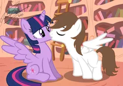 Size: 2048x1433 | Tagged: safe, artist:andrestoons, derpibooru import, twilight sparkle, twilight sparkle (alicorn), oc, oc:andres vargas, alicorn, andlight, canon x oc, female, golden oaks library, kissing, ladder, male, shipping, spread wings, straight, wings