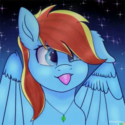 Size: 1600x1600 | Tagged: safe, artist:dustypones, derpibooru import, oc, oc:flamelight dash, unofficial characters only, pegasus, pony, :p, covered eyes, ear fluff, jewelry, male, necklace, night, simple background, solo, stallion, stars, tongue out, watermark, wings