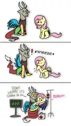 Size: 720x1280 | Tagged: safe, artist:delfinaluther, derpibooru import, discord, fluttershy, draconequus, pegasus, pony, :3, :i, blanket, blood transfusion, coils, comic, concerned, crying, cute, dialogue, discoshy, discute, electrocardiogram, exclamation point, eyes closed, female, first aid kit, fluttershy is not amused, heart monitor, holding a pony, hoof over mouth, male, mare, onomatopoeia, overreaction, shipping, simple background, sitting, smiling, sneezing, straight, swaddled, unamused, white background