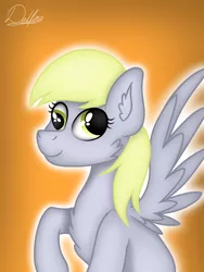 Size: 768x1024 | Tagged: safe, artist:delfinaluther, derpibooru import, derpy hooves, pegasus, pony, bust, cheek fluff, chest fluff, ear fluff, female, gradient background, mare, orange background, portrait, raised hoof, signature, simple background, smiling, solo, spread wings, three quarter view, wings