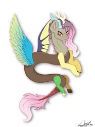 Size: 768x1024 | Tagged: artist:delfinaluther, blushing, colored wings, cute, cute little fangs, derpibooru import, discord, draconequus, ethereal mane, fangs, fluttershy, fusion, gradient wings, looking at you, multicolored wings, safe, signature, simple background, smiling, starry mane, white background, wings