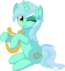 Size: 6183x6768 | Tagged: safe, artist:cyanlightning, derpibooru import, lyra heartstrings, pony, unicorn, .svg available, ;p, absurd resolution, chest fluff, cute, ear fluff, female, holding, lyrabetes, lyre, mare, musical instrument, one eye closed, open mouth, simple background, sitting, smiling, solo, tongue out, transparent background, vector