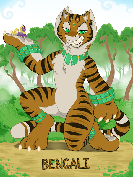 Size: 3024x4032 | Tagged: anthro, artist:wispy tuft, big cat, derpibooru import, digitigrade anthro, jade, jewelry, jungle, kirin, macro, macro/micro, male, micro, oc, oc:bengali, reference sheet, safe, sphinx, tiger, unofficial characters only