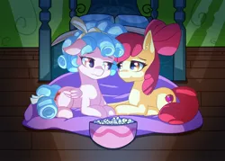 Size: 1920x1372 | Tagged: safe, artist:suziouwabami, derpibooru import, apple bloom, cozy glow, earth pony, pegasus, pony, bed, bedroom, blanket, bow, bowl, cozybloom, female, food, lesbian, lights out, looking at each other, popcorn, prone, shipping, smiling, spotlight