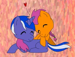 Size: 1911x1455 | Tagged: safe, artist:chili19, derpibooru import, oc, oc:ashley, oc:orange sky, unofficial characters only, earth pony, pony, unicorn, abstract background, earth pony oc, eyes closed, gay, heart, horn, male, oc x oc, prone, shipping, smiling, stallion, unicorn oc